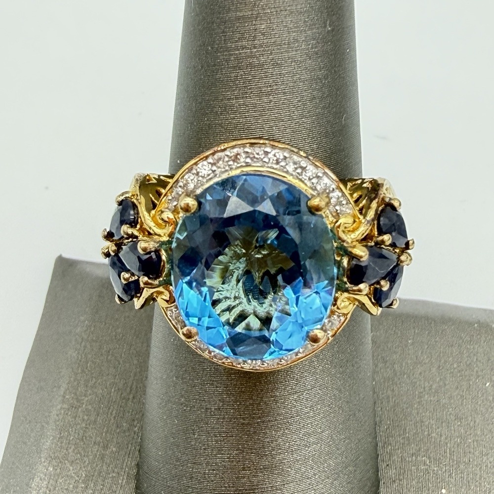 Vtg Sterling Silver Blue Topaz Saphire Statement Ring Over 6 Carat Size 7